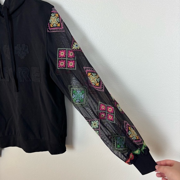 Desigual Amore Hoodie Women's M Black Embroidered Mesh Sleeve Sweatshirt Sheer - Picture 3 of 6